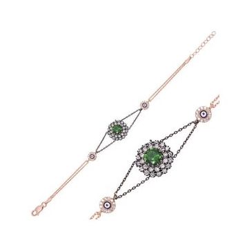 Pilelistore 925 Ayar Gümüş Rose Yeşil Taşlı Otantik Bileklik