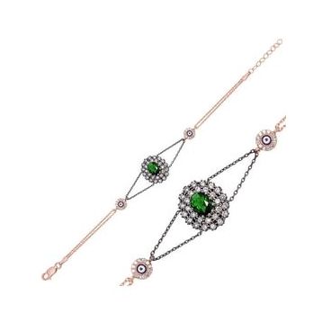 Pilelistore 925 Ayar Gümüş Rose Yeşil Taşlı Otantik Bileklik