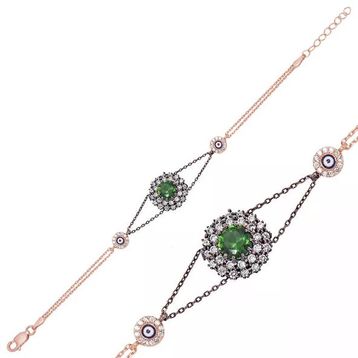 Pilelistore 925 Ayar Gümüş Rose Yeşil Taşlı Otantik Bileklik