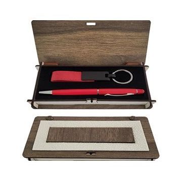 Pilelistore Kırmızı Anahtarlık Kalem Set Ahşap Kutulu Hediyelik