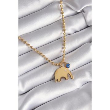 pilelistore TJ-BKO8 316L Çelik Gold Renk Top Zincir Model Fil Figür Nazar Boncuk Detay Kadın Kolye