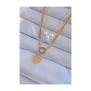 pilelistore TJ-BKO8939 316L Çelik Gold Renk Çift Zincir İnci Detayı Love Kalp Kolye