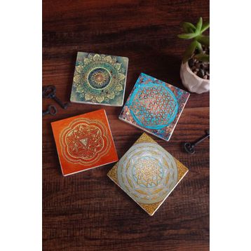 Pinecone SC157 Stone Coasters Mandala Yaşam Çiçeği Sri Yantra 4 Parça 10x10 cm Masaüstü Taş Bardak Altlığı