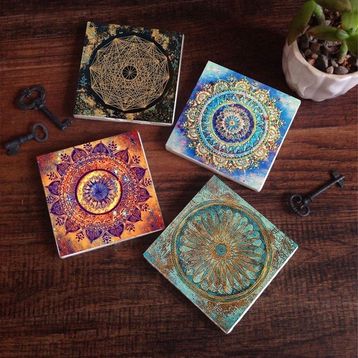 Pinecone SC157 Stone Coasters Mandala Yaşam Çiçeği Sri Yantra 4 Parça 10x10 cm Masaüstü Taş Bardak Altlığı