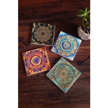 Pinecone SC157 Stone Coasters Mandala Yaşam Çiçeği Sri Yantra 4 Parça 10x10 cm Masaüstü Taş Bardak Altlığı