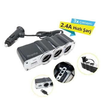 Piranha 3379 Oto Çakmak Çoklayıcı 3 Girişli 2.4 A Usb Şarj