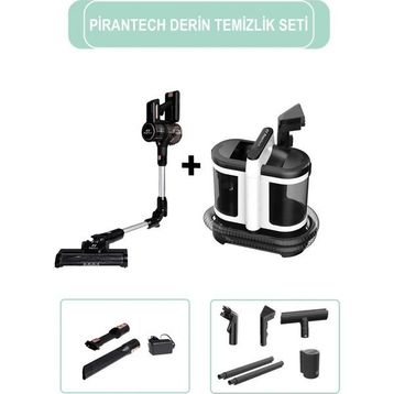 Pirantech ES411 Yüksek Emiş Güçlü Dikey Şarjlı Süpürge + V22C Siyah Koltuk ve Halı Yıkama Makinesi