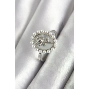Pirinç Gümüş Renk Portre Gül Model İnci Detay Kadın Yüzük