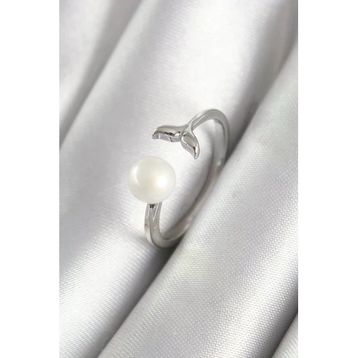 Pirinç Gümüş Renk Top İnci Figür Balık Kuyruğu Model Kadın Yüzük