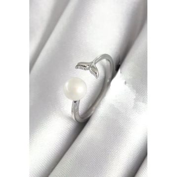 Pirinç Gümüş Renk Top İnci Figür Balık Kuyruğu Model Kadın Yüzük