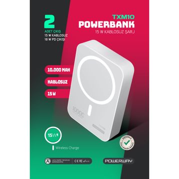 Powerway TXM10 10.000 Mah PD 15 W Magsafe Beyaz Powerbank