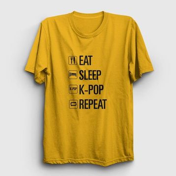 Presmono Eat Sleep Repeat K-Pop Sarı Unisex T-shirt