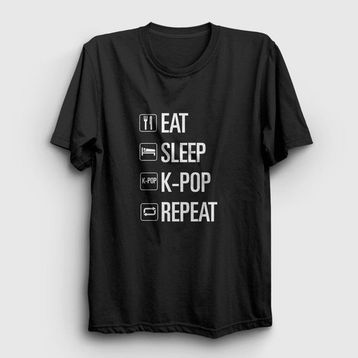 Presmono Eat Sleep Repeat K-Pop Siyah Unisex T-Shirt
