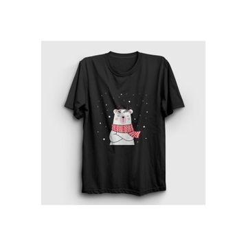 Presmono Unisex Siyah Polar Bear Kutup Ayısı Yılbaşı T-Shirt