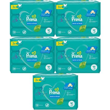 Prima Temiz ve Ferah Bitki Bazlı 15'li Set 5x3 Adet Islak Havlu Mendil