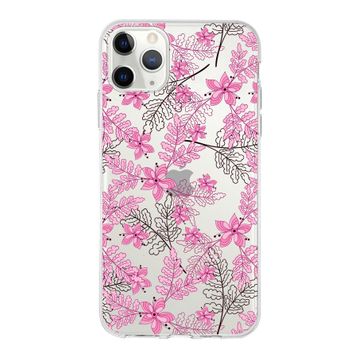 Printify Apple iPhone 11 Pro Max Uyumlu Kapak Floral Pembe Tasarımlı Şeffaf Silikon Kılıf