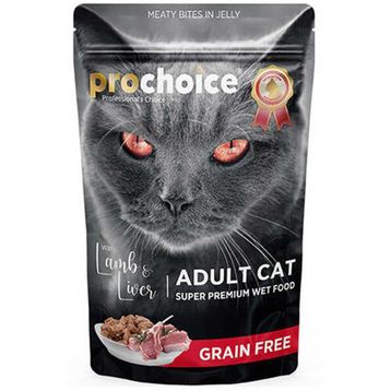 Pro Choice 85 gr Pouch Jöle İçinde Kuzulu ve Ciğerli Tahılsız Yaş Kedi Maması