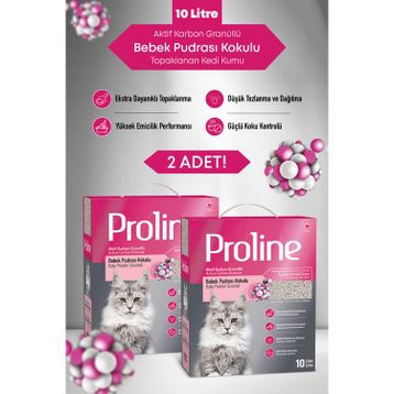 Proline Aktif Karbon Granüllü 2x10 lt Bebek Pudra Kokulu Bentonit Kedi Kumu
