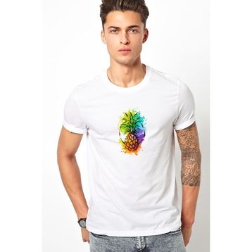Qivi Ananas Kokteyl Suluboya Resim Punch Dövme Baskılı Baskılı Beyaz Erkek Örme T-shirt