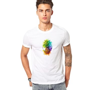 Qivi Ananas Kokteyl Suluboya Resim Punch Dövme Baskılı Baskılı Beyaz Erkek Örme T-shirt