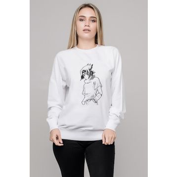 Qivi Anime Naruto Baskılı Beyaz Kadın Uzun Kol Örme Sweatshirt