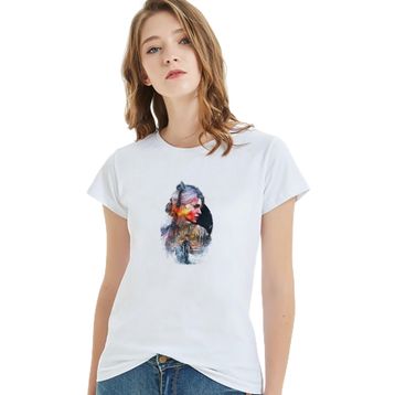 Qivi Baskılı Örme Pamuklu Beyaz Kadın T-shirt