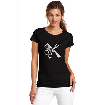 Qivi Berber Kuaför Barber Shop Baskılı Siyah Örme Kadın T-shirt