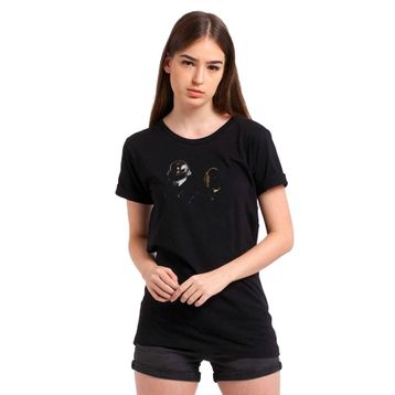Qivi Daft Punk Baskılı Örme Siyah Kadın T-shirt