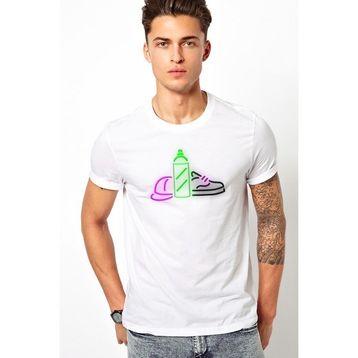 Qivi Grafitti Neon Light Baskılı Beyaz Erkek Örme T-shirt