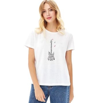 Qivi Guitar Melody Tipografi Baskılı Beyaz Kadın Örme T-shirt