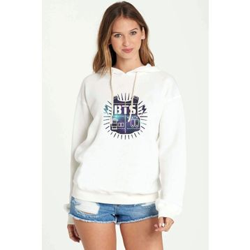 Qivi K Pop Bts Logo Koreli Grup Baskılı Beyaz Kadın Uzun Kol Örme Sweatshirt