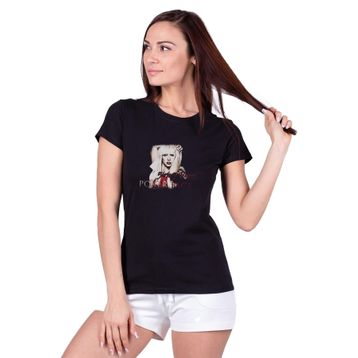 Qivi Lady Gaga Poker Face Baskılı Siyah Örme Kadın T-shirt