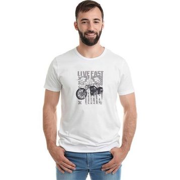 Qivi Live Fast Motorsiklet Baskılı Beyaz Erkek T-shirt