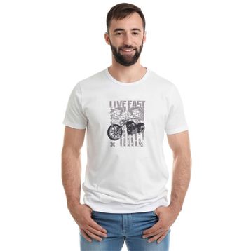 Qivi Live Fast Motorsiklet Baskılı Beyaz Erkek T-shirt