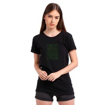 Qivi Love Joy Peace Baskılı Siyah Örme Kadın T-shirt