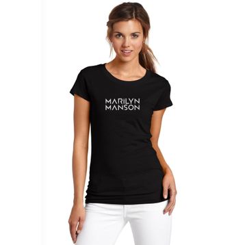 Qivi Marilyn Manson Baskılı Siyah Örme Kadın T-shirt