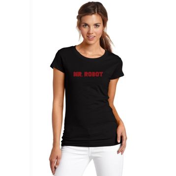 Qivi Mr Robot Baskılı Siyah Kadın Örme T-shirt