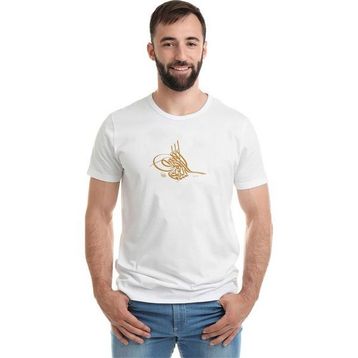 Qivi Osmanlı Tuğrası Baskılı Beyaz Erkek T-shirt
