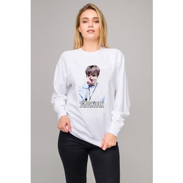 Qivi Pop Jungkook Koreli Muzik Grubu Baskılı Beyaz Kadın Uzun Kol Örme Sweatshirt