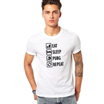 Qivi Pubg Eat Sleep Pubg Repeat Baskılı Beyaz Erkek T-shirt