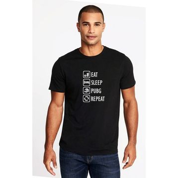 Qivi Pubg Eat Sleep Pubg Repeat Baskılı Siyah Erkek Örme T-shirt