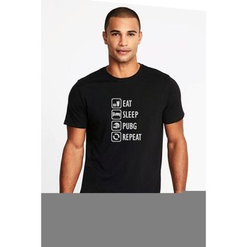Qivi Pubg Eat Sleep Pubg Repeat Baskılı Siyah Erkek Örme T-shirt