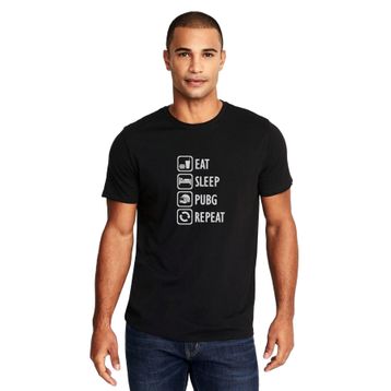Qivi Pubg Eat Sleep Pubg Repeat Baskılı Siyah Erkek Örme T-shirt