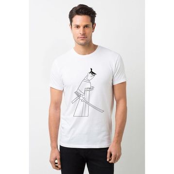 Qivi Samurai Jack Örme Baskılı Beyaz Erkek T-shirt