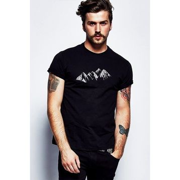 Qivi Silhouette Mountains Baskılı Siyah Erkek Örme T-shirt