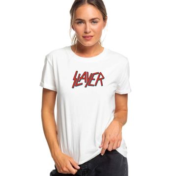 Qivi Slayer Grubu Logosu Rock Music Baskılı Beyaz Örme Kadın T-shirt