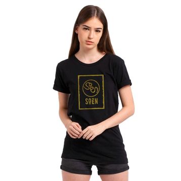 Qivi Soen Symbol Text Baskılı Siyah Kadın Örme T-shirt