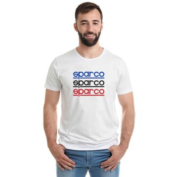 Qivi Sparco Logo Mavi Sarı Kırmızı Baskılı Beyaz Erkek Örme T-shirt