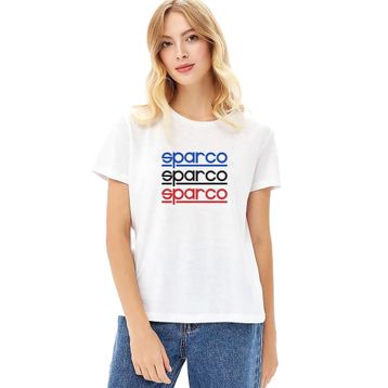 Qivi Sparco Logo Mavi Sarı Kırmızı Baskılı Beyaz Kadın Örme T-shirt