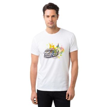 Qivi T1 Minibüs Gri Ton Volkswagen Beetle Baskılı Beyaz Erkek Örme T-shirt
